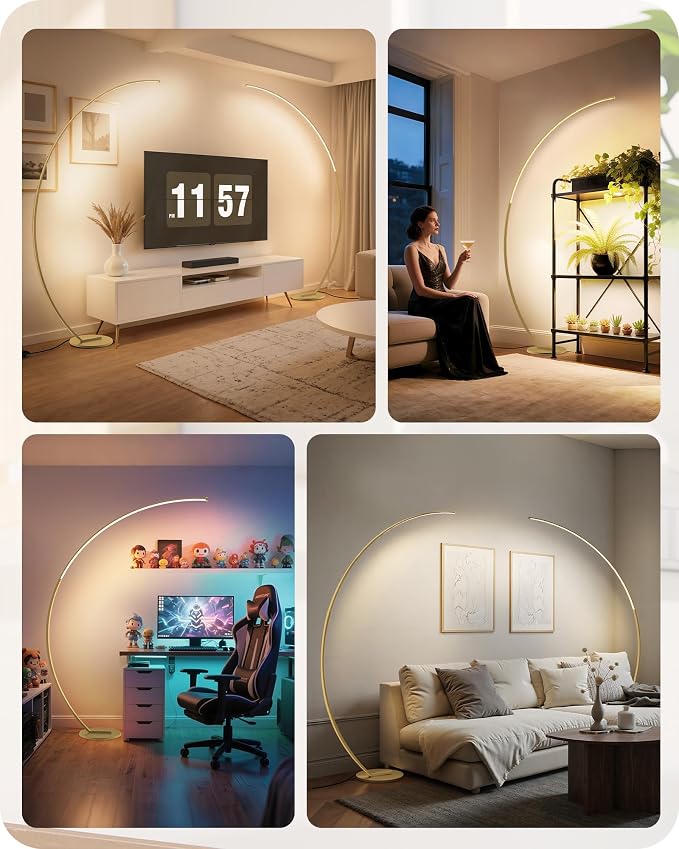 75 inch Dimmable LED Arc Floor Lamp for Living Room with Foot and Remote Control, 3 Color Temperatures, 3000K-6000K Whites, Stepless Dimming,Gold D62LD05