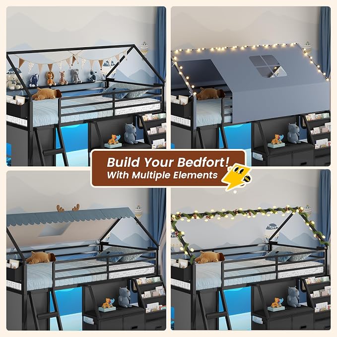 ADORNEVE Low Loft Bed Full Size with Bookshelf, Reading Nook & 3 Drawers | Black Kids Loft Bed, LED Light, Storage Drawers, Under-Bed Play Space,Safety Guardrail, Inclined Ladde, Play Curtain
