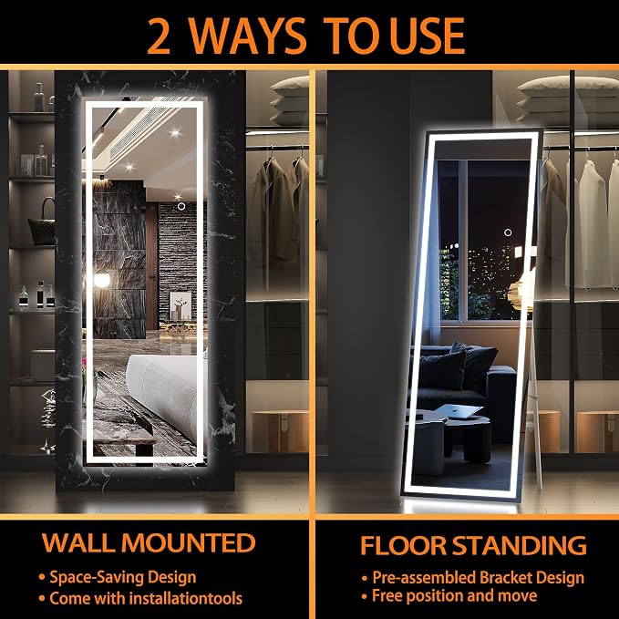 Hasipu Full Length Mirror with Lights, 56" x 15.8" LED Floor, Full Body Dressing Standing, Hanging Mounted Mirror, Square Black