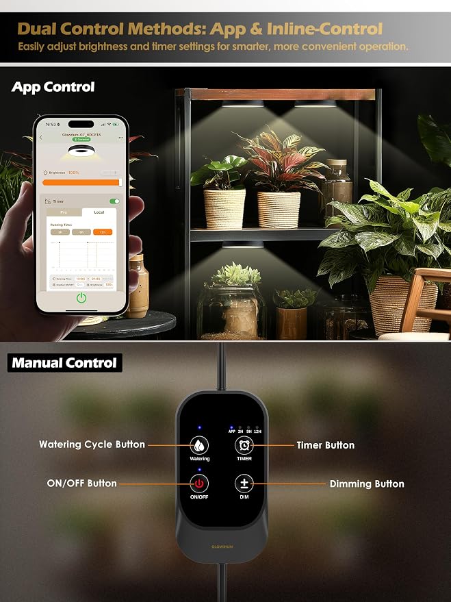 Smart Full Spectrum LED Grow Light for Indoor Plants (Black 4PCS) | 32W LED Grow Lights with Auto Timer, Stepless Dimming Plant Light, APP Plant Assistant with Watering Reminder, Modular Design