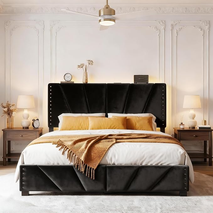 EnHomee Queen Bed Frame with LED Lights & USB, Noise-Free, Black | Adjustable Velvet Headboard,Under-Bed Storage,Heavy Duty Support with 12 Slats,No Box Spring Needed,Easy Assembly for Bedroom