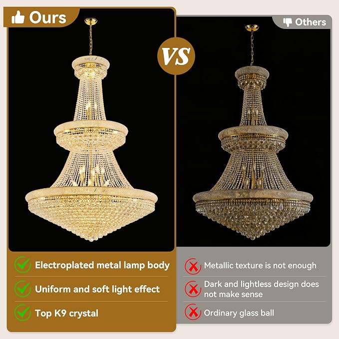48'' W Grand Gold 3-Tier Empire Crystal Chandelier, 42 LED Bulbs, 680 Hand-Strung K9 Crystals (6 Spares), 79-Inch Adjustable Chain, Ideal for Luxury Foyers, Staircases, Double-Height Spaces (Gold)