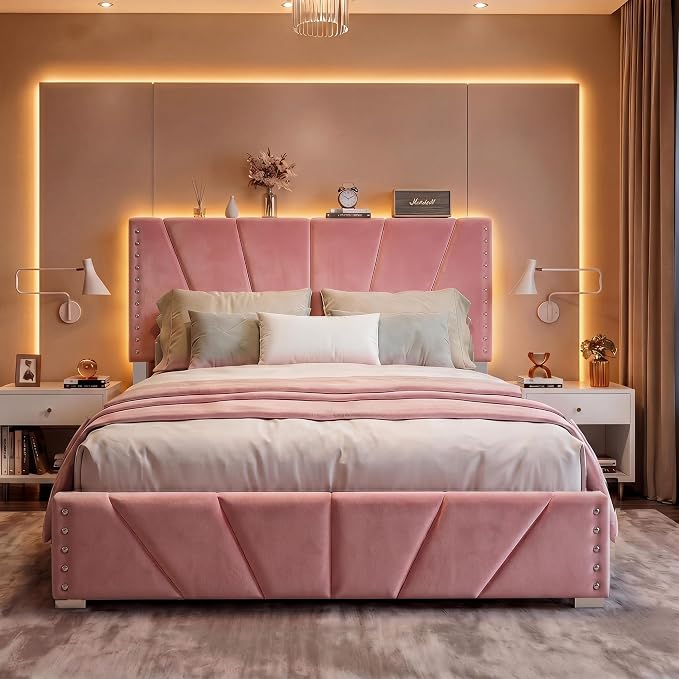 EnHomee Queen Bed Frame with LED Lights & USB, Noise-Free, Pink | Adjustable Velvet Headboard,Under-Bed Storage,Heavy Duty Support with 12 Slats,No Box Spring Needed,Easy Assembly for Bedroom