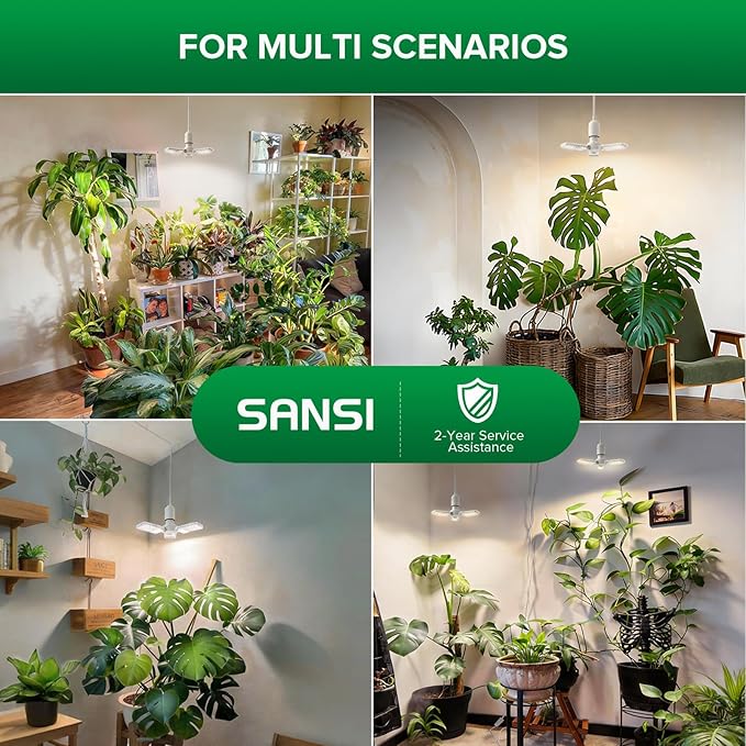 SANSI Grow Lights for Indoor Plants, 30W Plant Lights for Indoor Growing with Timer, 180° Adjustable Wings, High PPFD Full Spectrum, LED Hanging Grow Light, 16.4FT Power Cord for Tall Large Plants