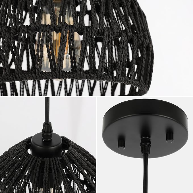 JONATHAN Y Campana 1-Light Pendant Dome Ceiling Lamp, 8.25", Black | Modern Coastal Farmhouse Decor, Adjustable Height, Woven Rope Metal Frame, LED Bulb Included, UL Listed