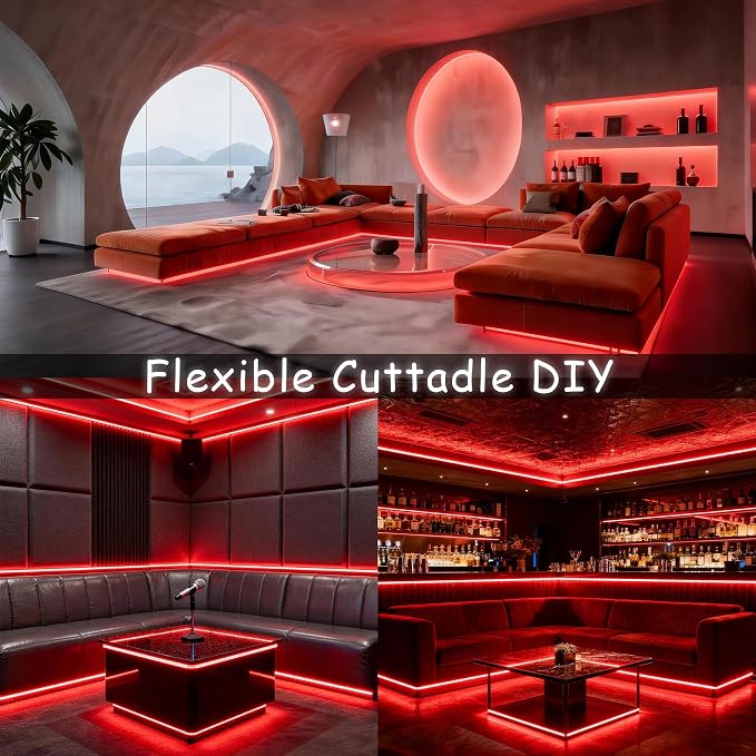 Red 30ft Led Lights Strip Indoor Rope Lights Easy DIY Cuttable Strip Lights for Wine Cabinet Bar Room Bathroom Living Room Kitchen Ceiling Wall Vanity Mirror Decor