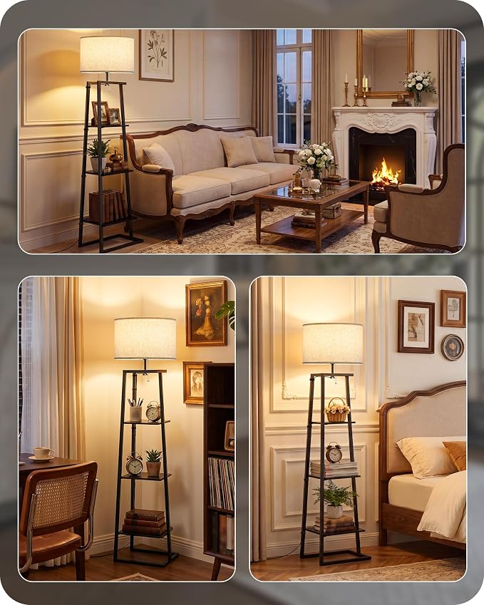 Floor Lamp with 3-Tier Storage Shelves, Standing Floor Lamp with Pull Chain Switch, Industrial Shelf Floor Lamp for Living Room, Bedroom, Office,Bulb Not Included, Black and Beige BE34LD05