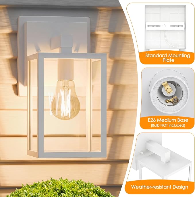 Outdoor Wall Lantern, Waterproof Exterior Wall Sconce Light Fixture, White Front Door Lamp, Anti-Rust E26 Socket Porch Lighting