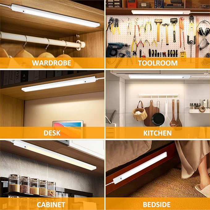 16 Inch Under Cabinet Lights with Hand Wave, Plug in LED Under Counter Light, Over Sink and Stove Lighting, Color Tunable 3000K to 6000K, Touchless Dimmable for Kitchen, Shelf, Cupboard, Closet, Desk