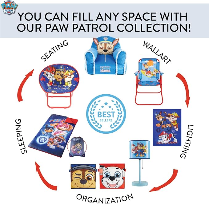 Nickelodeon Paw Patrol Kids Table Lamp with Pull Chain, Stick Lamp Featuring Chase, Rubble & Marshall, Decorative Printed Shade for Bedroom, Playroom or Nursery Lighting