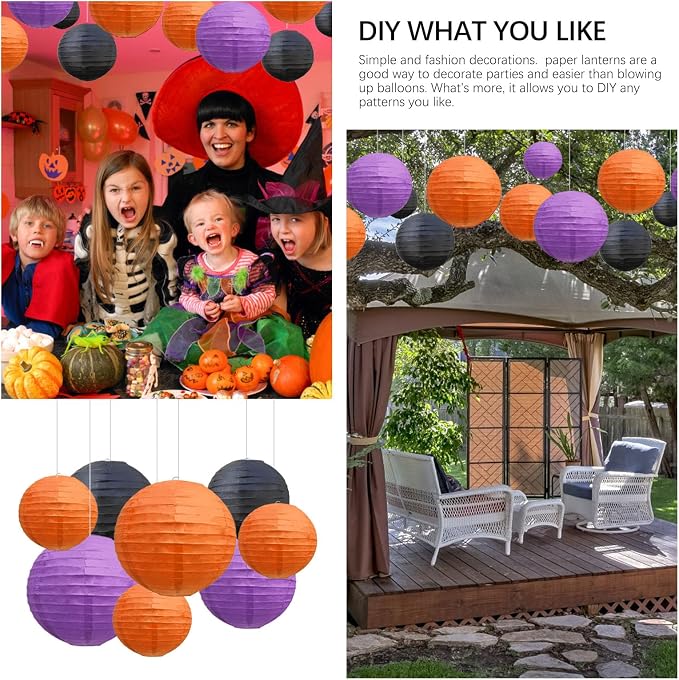 20Pcs Black Orange Purple Paper Lanterns for Parties, 6” 8” 10” 12” Chinese Asian Hanging Round Paper Lanterns for Birthday Wedding Halloween Christmas Home Decor Party Decor