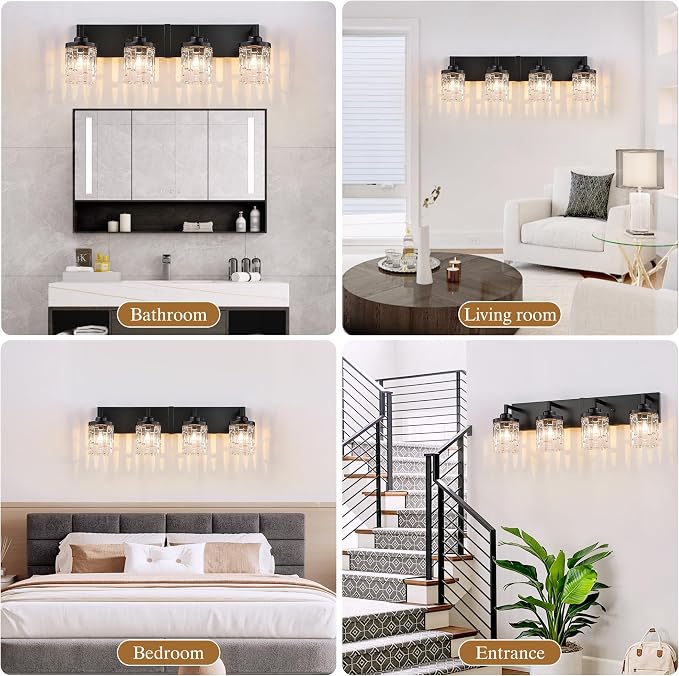 maesta Black Bathroom Light Fixture,4 Light Modern Vanity Light Over Mirror | Modern Vanity Light, Black Metal & Crystal Glass Fixture, Anti-Rust, Easy to Install for Bathroom Hallway Bedroom Entryway