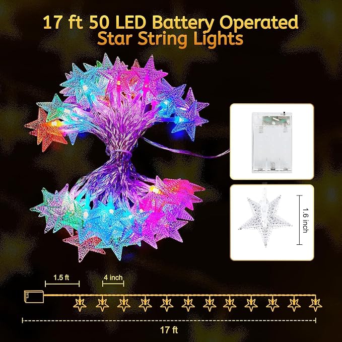 Minetom Star String Lights Battery Operated - 17 ft 50 LED Color Changing Star Fairy Light with Remote and Timer, 16 Single Colors and 7 Modes Starry Lights for Bedroom Dorm Christmas Halloween Decor