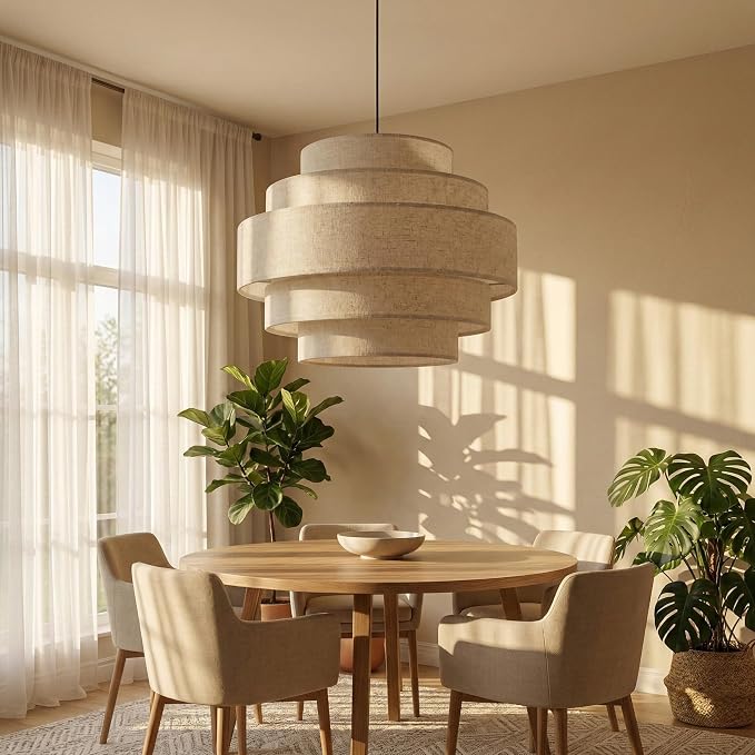 AUQUEE 5-Tier Farmhouse Chandelier, 13" Modern Drum Pendant Light Fixture with Linen Lampshade, Adjustable Height Hanging Ceiling Lighting for Bedroom/Nursery/Dining Room/Kitchen Island/Entryway,Beige