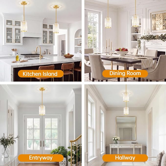 Gold Pendant Light, Modern Crystal Pendant Lights Kitchen Island, Kitchen Island Lighting with Adjustable Height, UL Certified Island Lights for Kitchen Dining Room Bedroom Hallway 2 Pack
