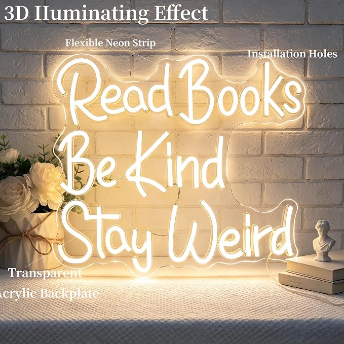 Neon Sign Led Sign Neon Signs for Wall Decor Neon Lights Up Signs | Read Books Be Kind Stay Weird Neon Sign, Warm White Room Decor, Girls Gift, Party, Classroom Wall Decor, 5V USB Powered