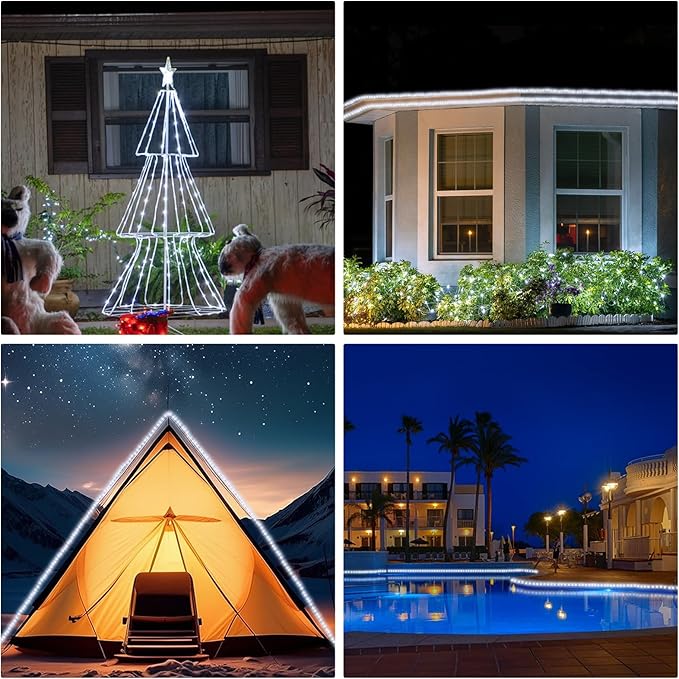 (New) Rope Lights, 33FT 100LED 8 Modes Outdoor Tube Lights, IP65 Weatherproof Copper Fairy String Lights for Garden Porch Yard Home Wedding Vacation Party New Year Holiday Decoration - White