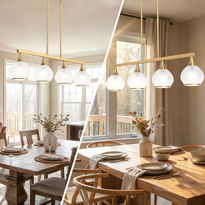 Kitchen Island Linear Pendant Light, 4-Light Gold Dining Room Chandelier with White Glass Globe Shades, Modern Linear Lighting Fixture Over Table