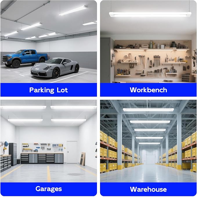 hykolity LED Shop Lights 4FT with Power Cord,5500LM,3 Power Level&3CCT | Shop Light 4000/5000/6500K Tunable,25/34/42W Switchable,Linkable Hanging/Surface Mount Shop Lights for Workshop,Garage,4 Pack