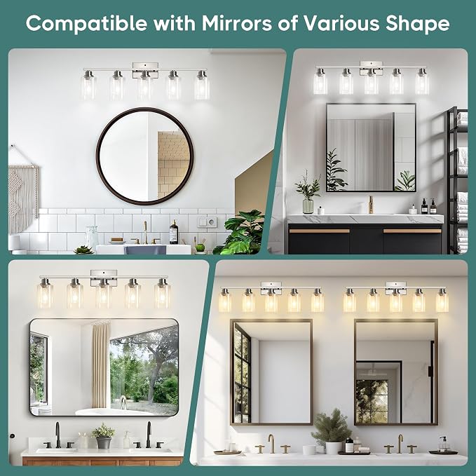 Ascher Bathroom Light Fixtures, 5-Light Vanity Light Over Mirror, Brushed Nickel Wall Sconces with Clear Glass Shades, Wall Lamp for Living Room Bedroom, E26 Base(Bulbs Not Included)