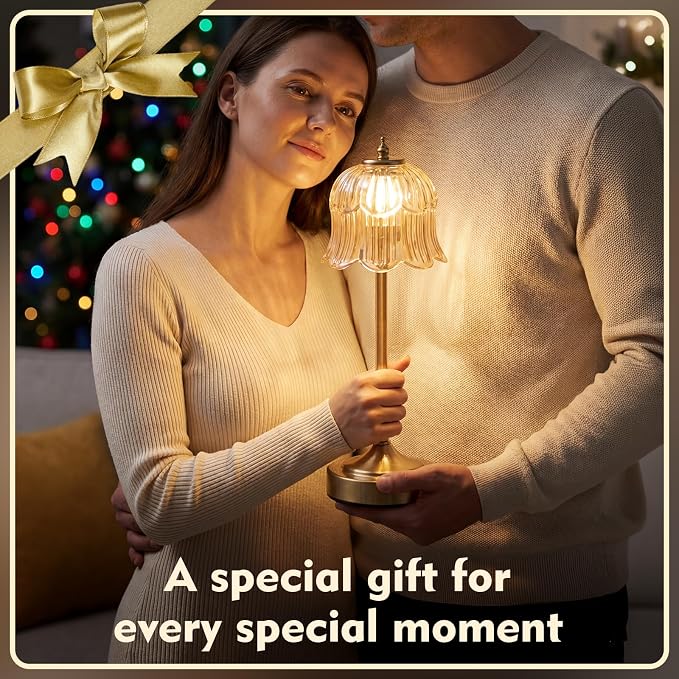 Flower Battery Operated Rechargeable Lamp Cordless, Tulip, Amber | Small, Vintage, Gold, Wireless, LED, Dimmable, Table, Home Decor, Bedroom, Bedside, Nightstand, Birthday Gifts for Women