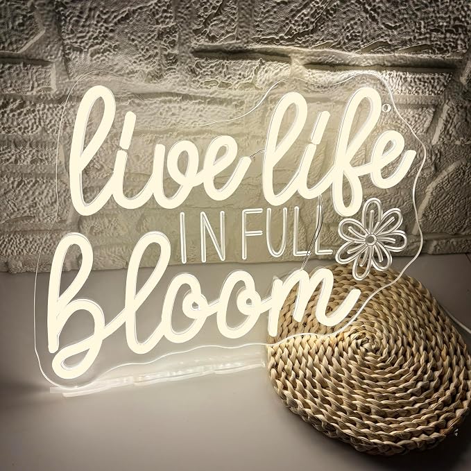 Live Life In Full Bloom Neon Signs for Wall Decor, USB Powered LED Dimmable, Motivational Neon Light, for Spa Yoga Studio Business Gathering Party Home Bar Birthday Gifts(14.1 * 10.6 In)