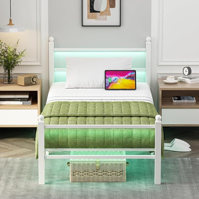 Jenmit Twin Size Bed Frames with Charging Ports&LED Lights,Heavy Duty Metal Slats Support,No Box Spring Needed,Noise Free,No Squeak,Easy Assembly,for Girls Kids,White