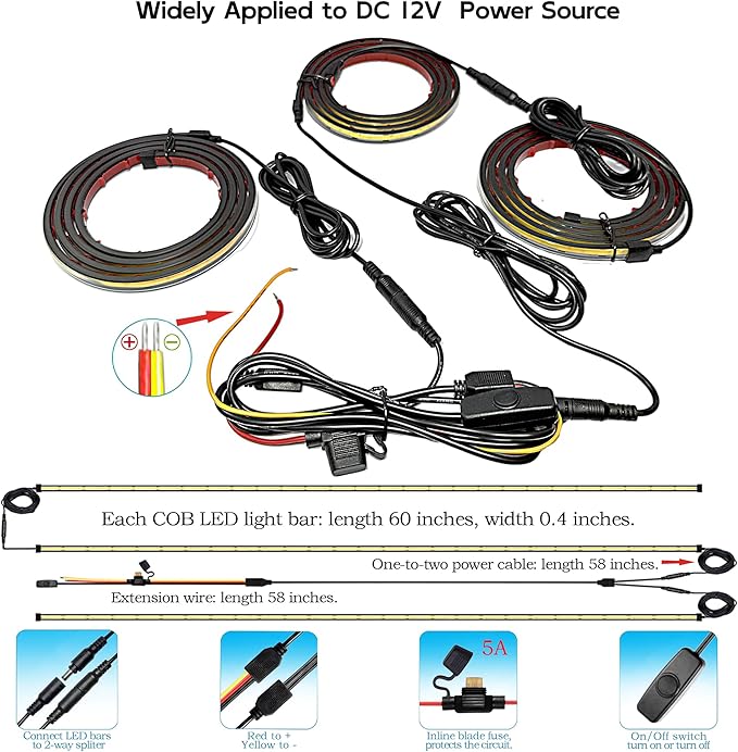 LED Truck Bed Lights, 60 Inches, 3 Pack, COB 2376 LEDs, White 6500K,12V, 41W, IP67, with Switch, 5A Fuse Holder, Easy Install, Ideal for Truck Cargo Lighting, DC5521 Jack