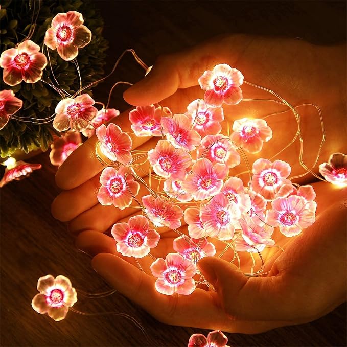 Mudder 4 Pack 13 FT 40 LEDs Cherry Blossom Flower String Lights | Pink Fairy Lights USB and Battery Operated Decorative String Light for Bedroom Indoor Outdoor Christmas Valentines Decor