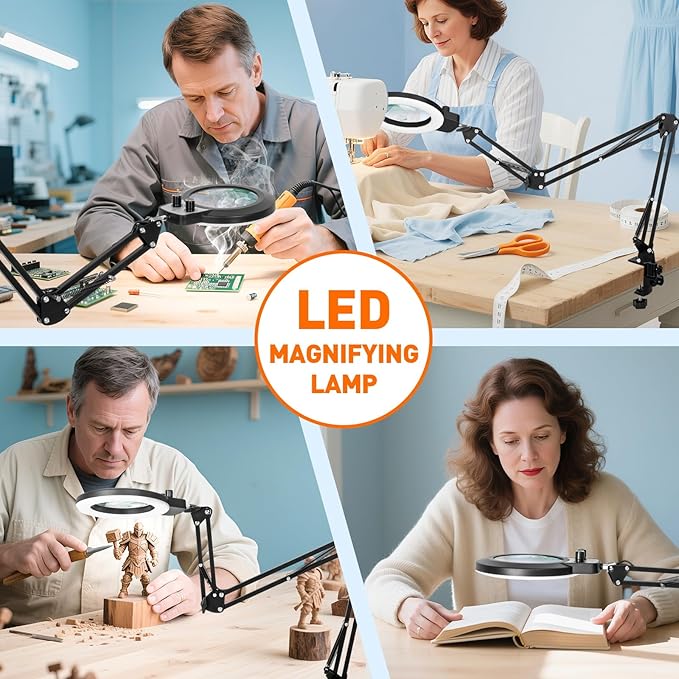 KIRKAS 12X & 30X Magnifying Glass with Light and Clamp, Extra-long Arm Magnifying Lamp Overhead Knob for Workbench Craft Repair Sewing, LED Lighted Magnifier Real Glass Lens Stepless Dimming and Color