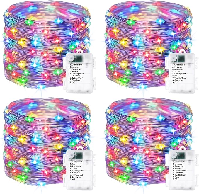 4 Pack Fairy Lights Battery Operated - 16.4ft 50 LED Multicolor | Starry Fairy Lights , 8 Modes Waterproof with Timer for Indoor Outdoor Bedroom Party Holiday Christmas Decor, Copper Wire