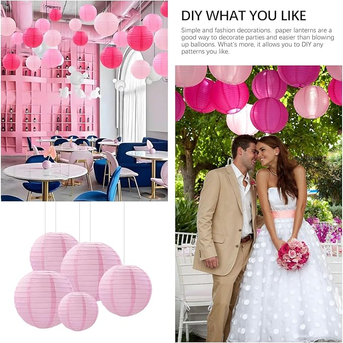 20Pcs Pink Paper Lanterns for Parties, 6” 8” 10” 12” Chinese Asian Hanging Round Paper Lanterns for Birthday Wedding Halloween Christmas Home Decor Party Decor