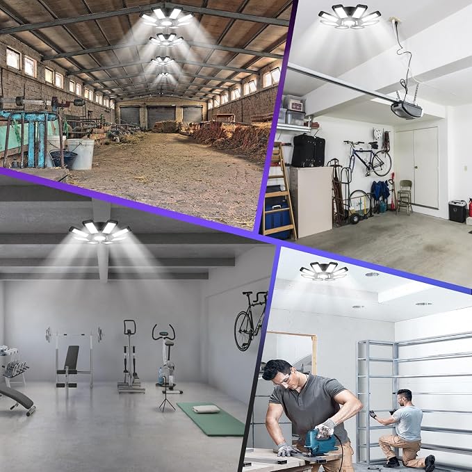 ISKYDRAW Garage Light 240W 24000LM with 8+1 Deformable Panels, 4 Pack | LED, 6500K Daylight, E26/E27 Socket, CRI 80+, Ceiling Light Bulb for Workshop Workbench Basement Attic