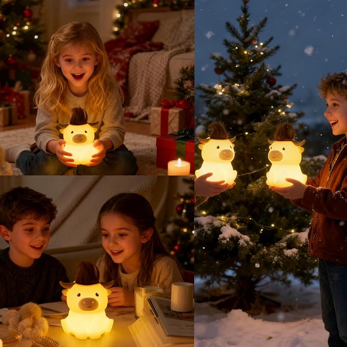 Led Cute Highland Cow Night Light, Dimmable Timer Nursery Kawaii Lamps, Super Squishy Silicone USB Rechargeable Touch Control Night Lamp, Used for Camping Party Room Decor (Highland Cow)