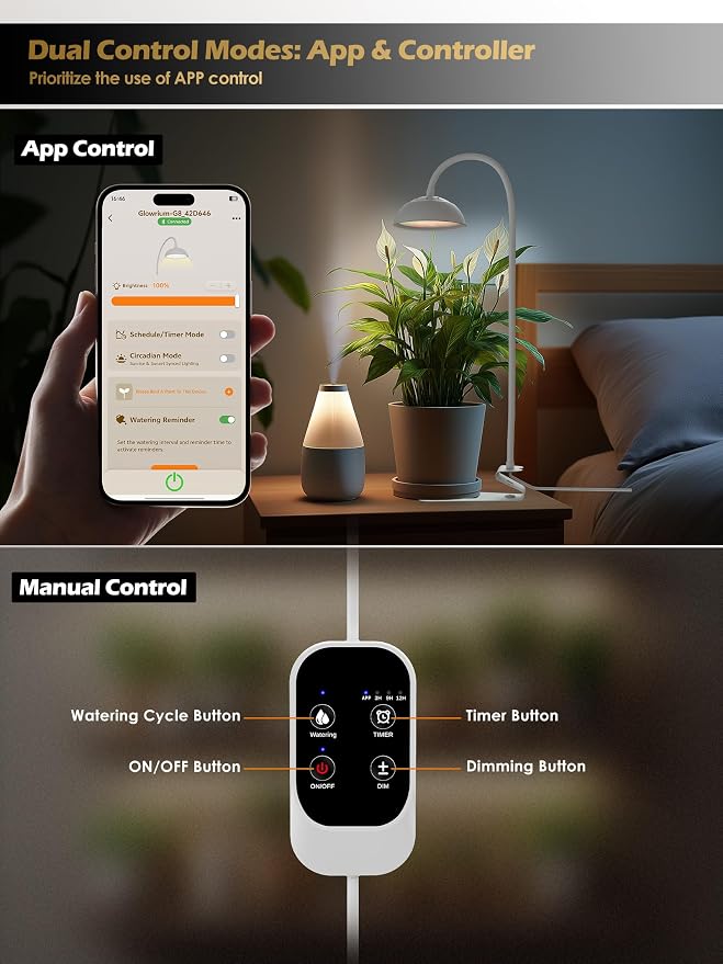 Smart Grow Light for Indoor Plants, Full Spectrum Plant Grow Light | 10W LED Plant Light with 3/9/12 Timer, Smart APP&in-line control, 10 Dimming Levels, Height Adjustable Grow Light with Base