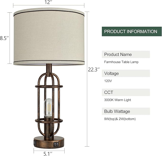 Reaketon Table Lamps for Living Room Set of 2, 22.3" Farmhouse Lamps for Nightstand, Industrial Table Lamps for Bedroom with USB Ports, Retro Bronze