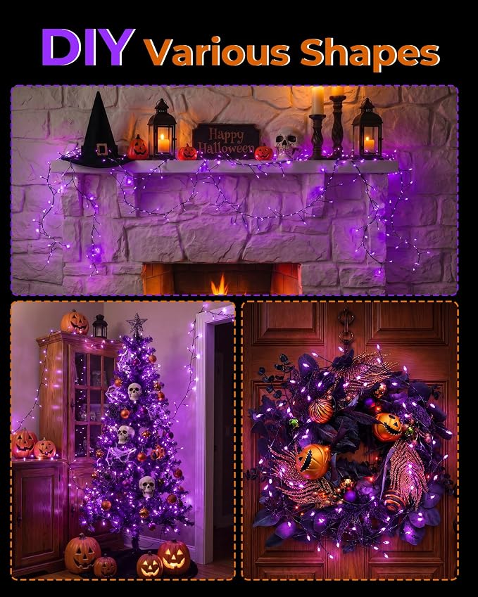 Halloween Fairy Lights Plug in, String Lights for Halloween Decorations | 10FT 200LEDs, 1 Pack with Remote, Orange&Purple, Waterproof Firecracker Lights for Window Bar Haunted Theme Halloween Decor