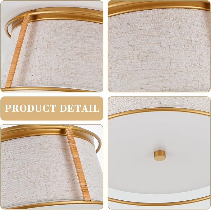 VILUXY Gold Semi Flush Mount Ceiling Light Fixture, 13’’ Modern Close to Ceiling Lights with Beige Fabric Linen Drum Shade 3-Light Round Ceiling Lamp for Bedroom Hallway Nursery Kids Room Entryway