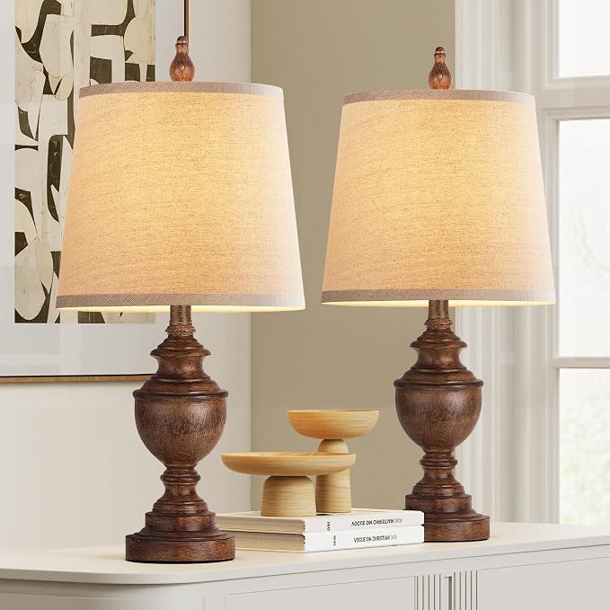 Retro Table Lamps Set of 2, Bedside Lamp for Bedroom Rustic Farmhouse Table Lamps for Living Room, Vintage Nightstand Lamps with White Shades, Wood Grain