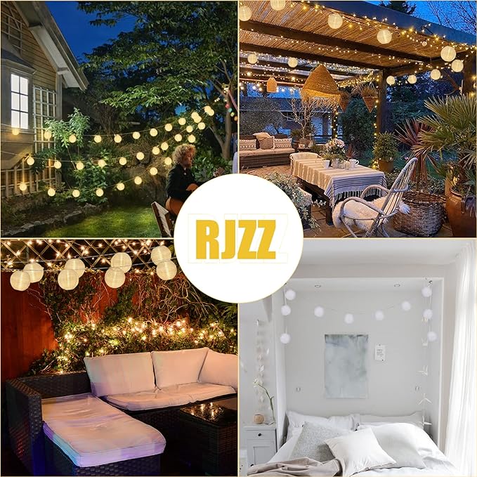 RJZZ Lantern String Lights White Lantern Lights 9.4Ft Nylon Lanterns with Lights Battery Operated 10 Count String Lights Indoor Outdoor Hanging Lights for Bedroom, Nursery, Patio, Party, Wedding