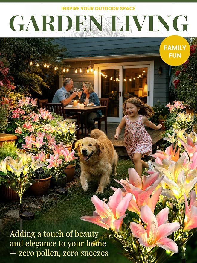 GIGALUMI Solar Garden Lights, 2 Pack LED Lily Solar Flower Lights Outdoor | Garden Decor Carefree Artificial Flowers Lily, 3 Lighting Mode, Yard Decorations Outdoor, Gardening Gifts (1White,1Pink)