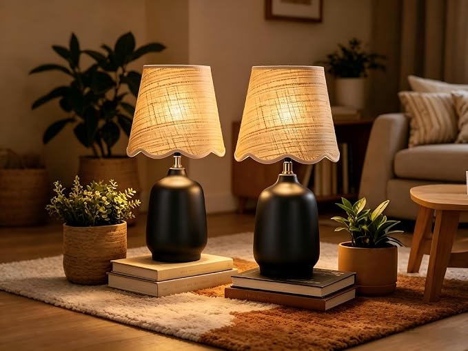 Set of 2 19" Modern Ceramic Table Lamp for Living Room Cream Base Desk Lamps for Bedroom Farmhouse Bedside Nightstand Lamp End Table Lamps,Black,Rattan Shade