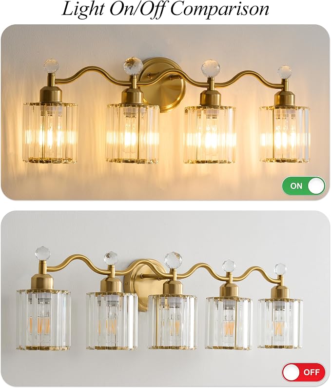 4-Light Gold Bathroom Light Fixtures,Modern Bathroom Vanity Lights Fixture with Clear Crystal Glass Shade, Modern Crystal 3 Lights Wall Sconce for Mirror Bedroom Living Room