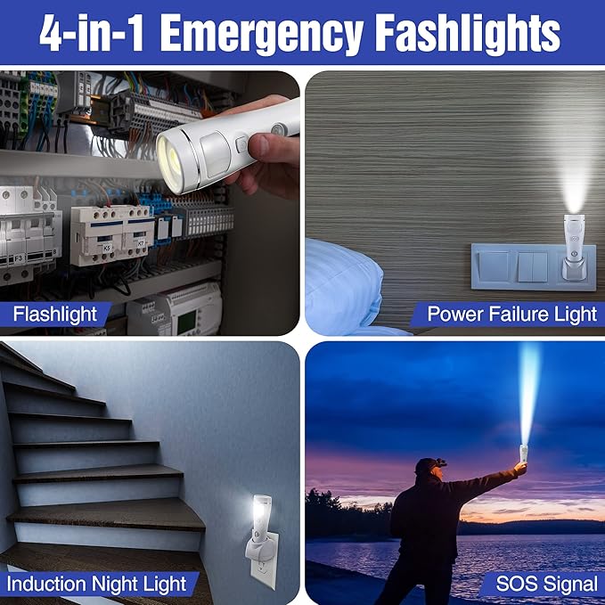 Enhon 2 Pack 4 in 1 LED Emergency Lights for Home Power Failure,White | Rechargeable plug-in flashlight, motion sensor night light, auto turn-on during blackout, hurricane supplies
