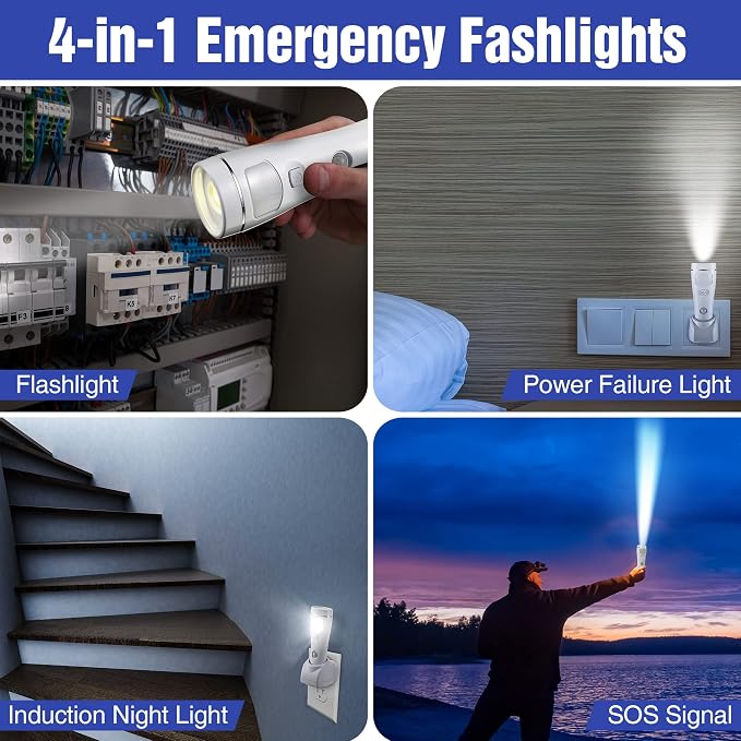 Enhon 4 Pack 4 in 1 LED Emergency Lights for Home Power Failure,White | Rechargeable plug-in flashlight, motion sensor night light, auto turn-on during blackout, hurricane supplies