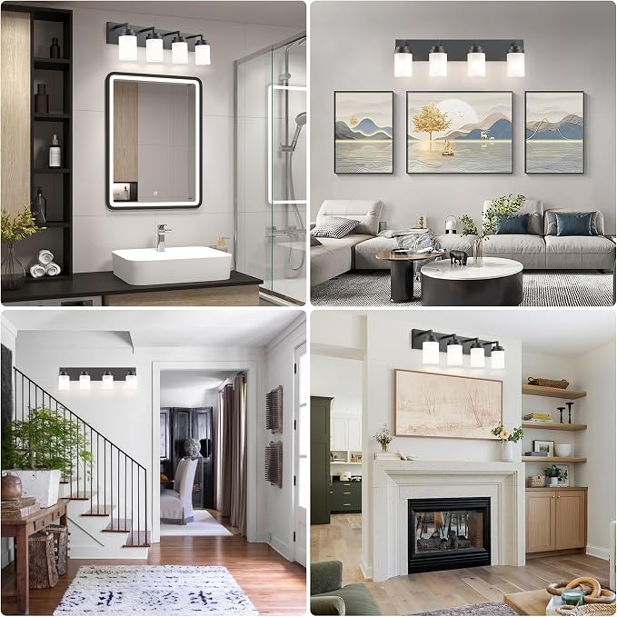 Bathroom Vanity Light, 4 Light Matte Black Vanity Light with White Matte Glass Shade, 30in Farmhouse Wall Light, Lighting Fixtures Over Mirror for Bathroom