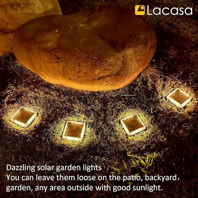 Lacasa Solar Deck Lights, 4 Pack Warm White Outdoor In-Ground Driveway Walkway Dock, IP68 Waterproof Solar Powered Stair Step Pathway Fence Auto On/Off LED for Garden Yard Patio