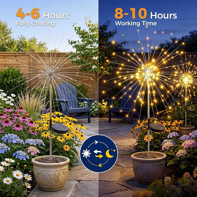btfarm 3 Pack Solar Garden Lights Outdoor, 8 Modes Firework Lights Outside | 120LED, Waterproof Fairy Twinkle Light Solar Powered for Yard Christmas Pathway Lawn Pool Patio Decorative, Warm White