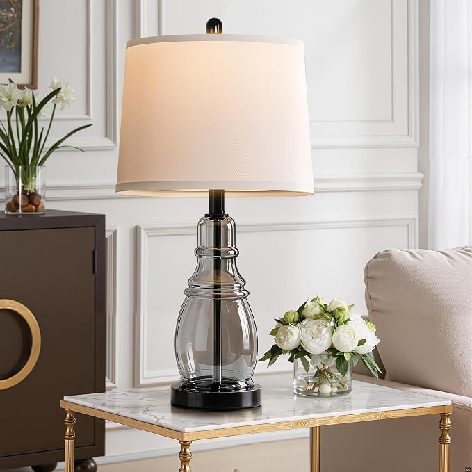 ROTTOGOON Glass Table Lamp Set of 2, Modern Table Lamps for Living Room Bedroom, Bedside Desk Lamps Vintage Nightstand Lamps with Linen Shades, 22", Black