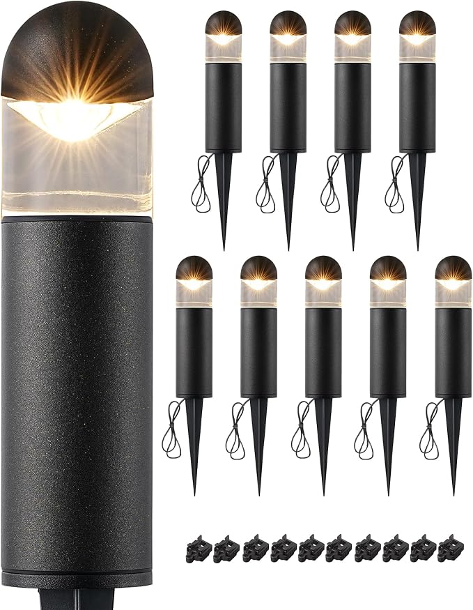 EDISHINE Low Voltage Landscape Lighting Glass Aluminum 10 Pack | 12V 3W 3000K, 50,000Hrs, CRI 80, Weatherproof Pathway Lights for Garden, Yard, Driveway, Black